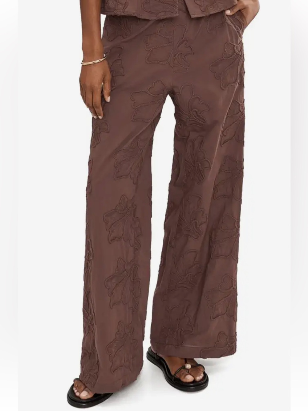 Zara Brown Wide-Leg Embroidered Pants